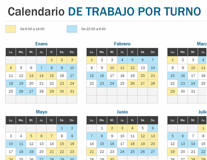 Vistazo del calendario del trabajo por turnos en el año