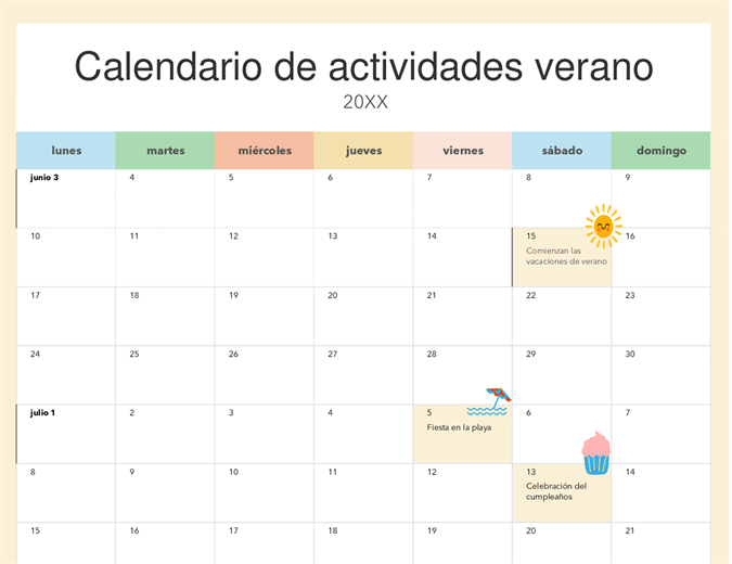 Calendario de vacaciones de verano Calendario de vacaciones de verano