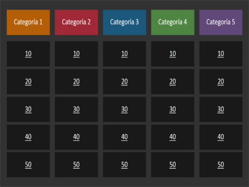Concurso (categorías en varios colores, pantalla panorámica)