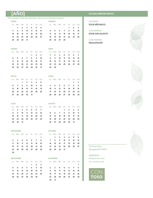 Calendario para pequeñas empresas (cualquier año, de lunes a domingo)