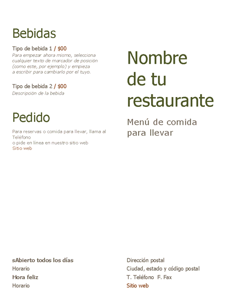 Menú de comida para llevar Menú de comida para llevar
