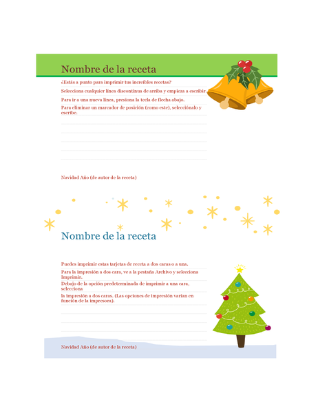 Tarjetas de recetas (diseño Espíritu navideño, 2 por página, para Avery 5889)