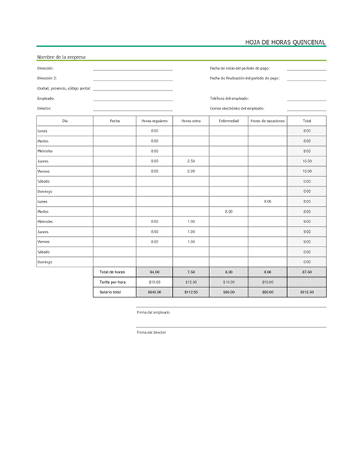 Hoja de horas quincenal con bajas por enfermedad y vacaciones (con datos de ejemplo) Hoja de horas quincenal con bajas por enfermedad y vacaciones (con datos de ejemplo)