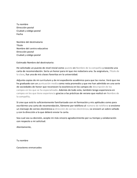 Carta para un profesor en la que se le solicita una recomendación laboral Carta para un profesor en la que se le solicita una recomendación laboral