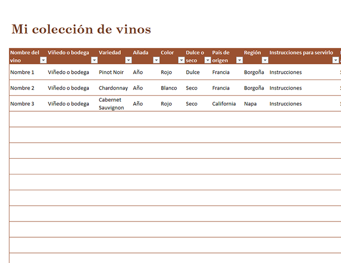 Lista de colección de vinos