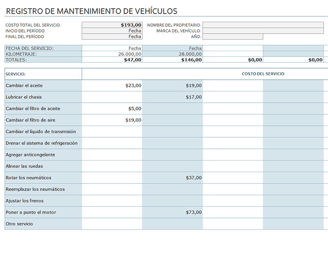 Registro de mantenimiento de vehículos Registro de mantenimiento de vehículos