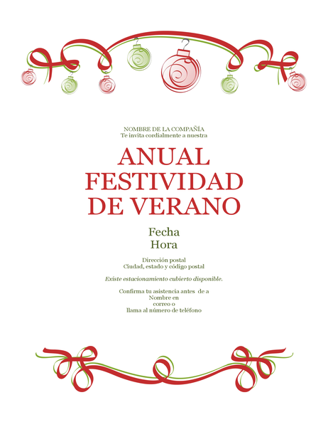 Invitación a fiesta anual con adornos y cinta roja (diseño formal) Invitación a fiesta anual con adornos y cinta roja (diseño formal)