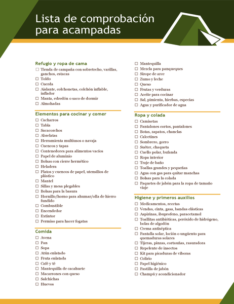 Lista de comprobación de acampada Lista de comprobación de acampada