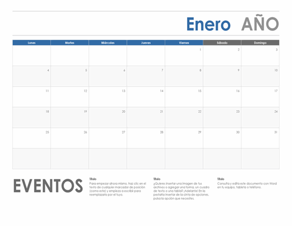 Calendario horizontal (inicio en lunes) Calendario horizontal (inicio en lunes)