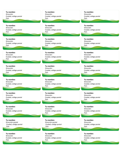 Etiquetas postales (diseño de ondas verdes, 30 por página)