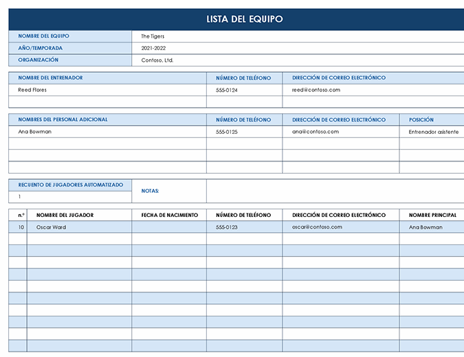Lista del equipo deportivo Lista del equipo deportivo