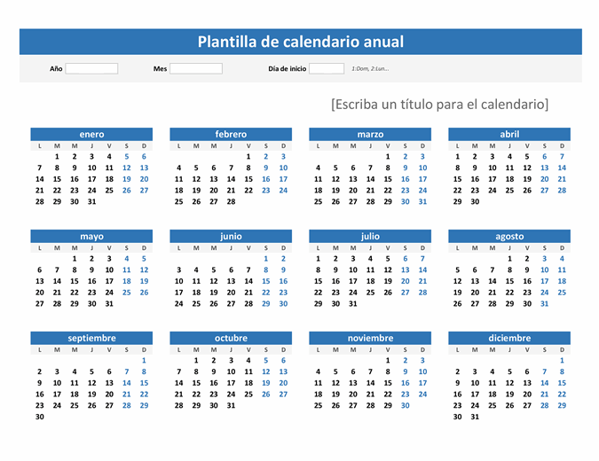 Calendario para cualquier año de un vistazo (horizontal)