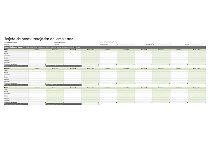 Tarjeta de horas trabajadas del empleado (diaria, semanal, mensual y anual) Tarjeta de horas trabajadas del empleado (diaria, semanal, mensual y anual)