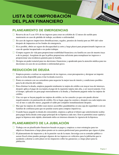 Lista de comprobación del plan financiero Lista de comprobación del plan financiero