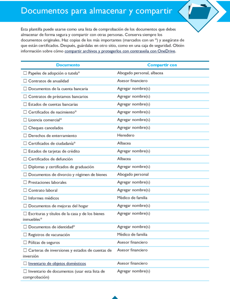 Lista de comprobación de documentos para almacenar y compartir Lista de comprobación de documentos para almacenar y compartir
