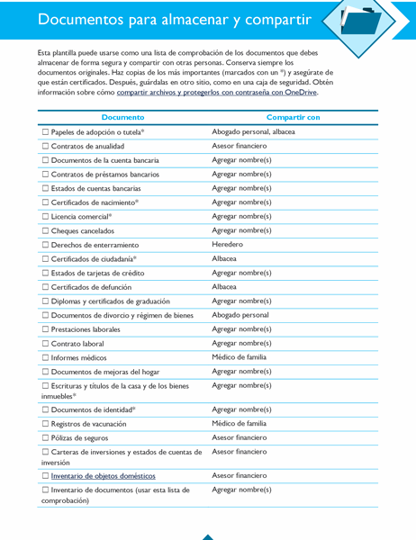 Lista de comprobación de documentos para almacenar y compartir