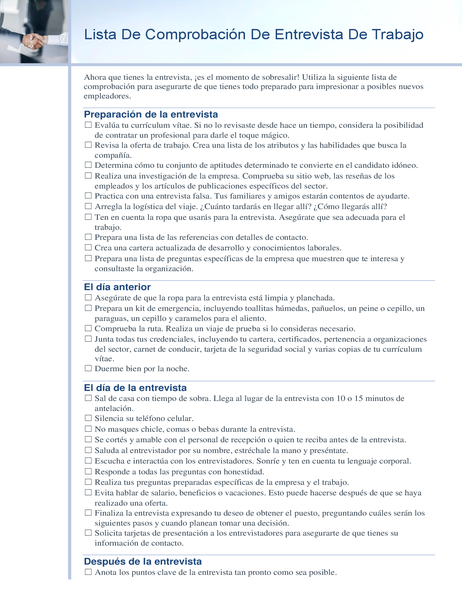 Lista de comprobación de entrevista de trabajo Lista de comprobación de entrevista de trabajo