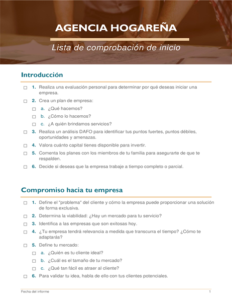 Lista de comprobación de inicio de la empresa hogareña Lista de comprobación de inicio de la empresa hogareña