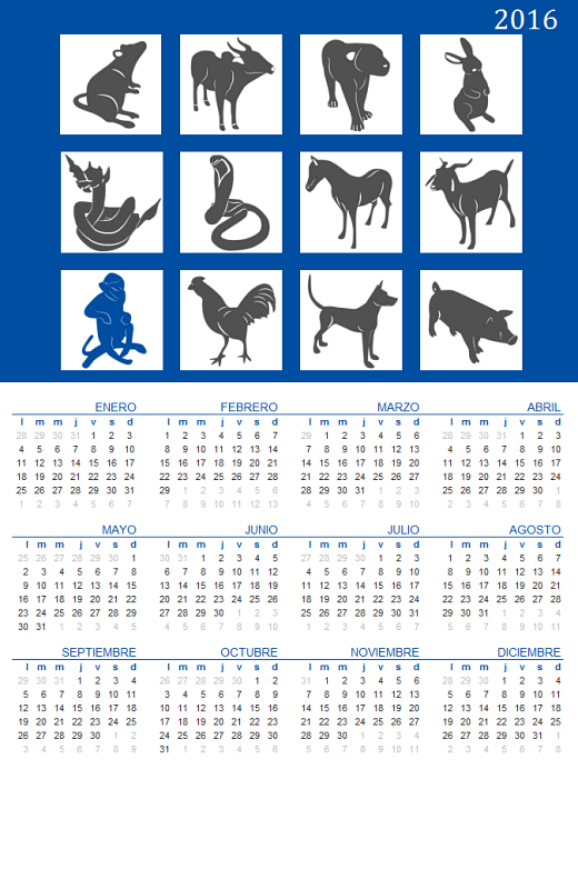 Calendario perpetuo con signos del Zodiaco Chino (Lun - Dom)