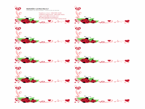Tarjetas de presentación (mariquitas y corazones, alineadas a la izquierda, 10 por página)
