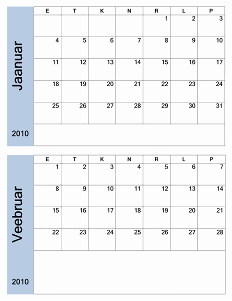 Kalender 2010, sinise äärisega (6 lk, E–P)
