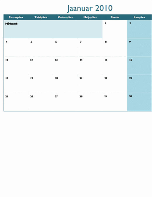 Kalender 2010 mitmel töölehel (12 lk, E–P)