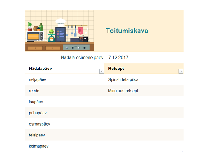 Nädala toitumiskava Nädala toitumiskava