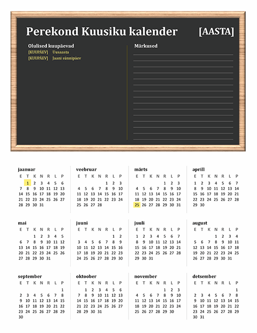 Perekalender (mis tahes aasta, E–P)