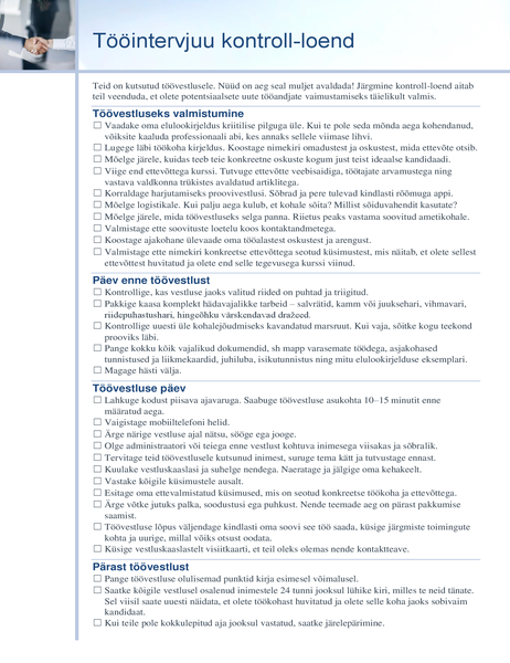 Tööintervjuu kontroll-loend Tööintervjuu kontroll-loend