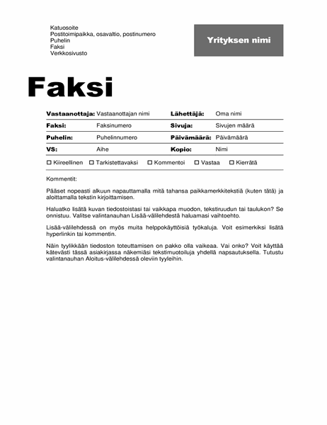 Faksin kansilehti (ammattimainen rakenne) Faksin kansilehti (ammattimainen rakenne)