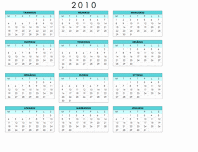 Vuoden 2010 kalenteri (1 sivu, vaaka, ma–su)