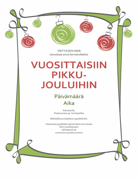 Pikkujoulukutsu, jossa on koristeita ja serpentiinimäinen reunus (epävirallinen malli) Pikkujoulukutsu, jossa on koristeita ja serpentiinimäinen reunus (epävirallinen malli)