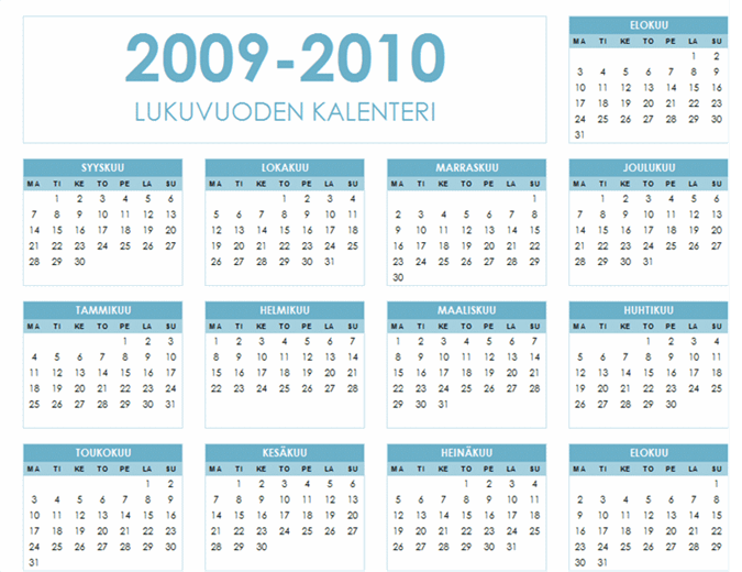 2009-2010 akateeminen kalenteri (1 sivu, vaaka, ma–su)