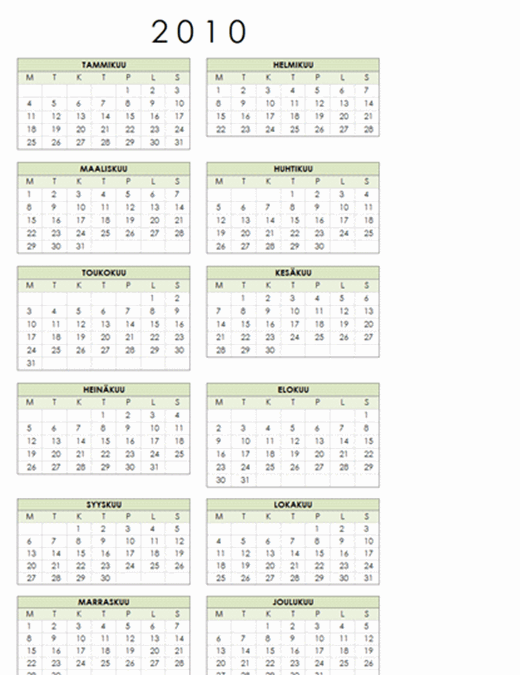 Vuoden 2010 kalenteri (1 sivu, pysty, ma–su)