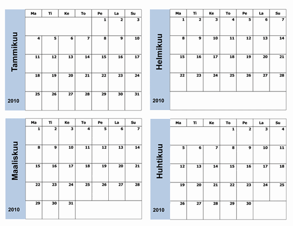 Sinireunainen kalenteri 2010 (3-sivuinen, ma–su)
