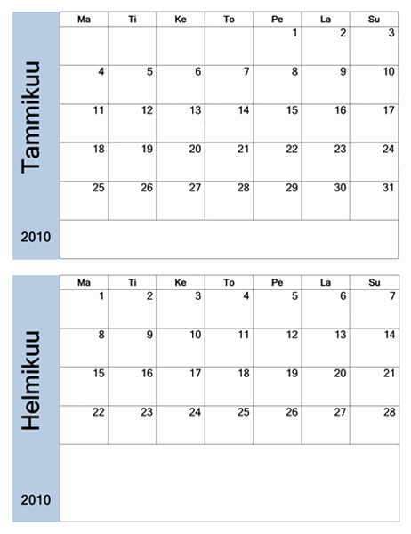 Sinireunainen kalenteri 2010 (6-sivuinen, ma–su)