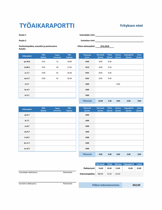 Viikoittainen työaikaraportti Viikoittainen työaikaraportti