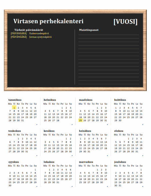 Perheen kalenteri (kaikki vuodet, ma–su)