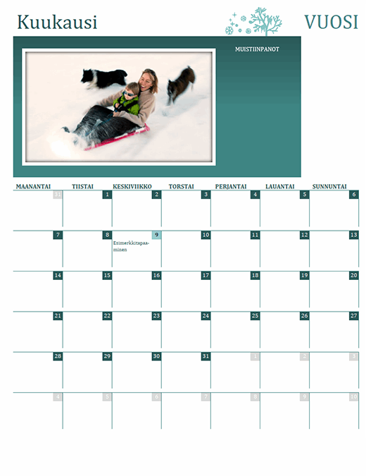 Perheen vuodenaikakalenteri (kaikki vuodet, ma–su)