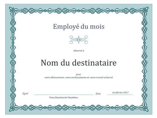 Certificat pour l’employé du mois (chaîne bleue)