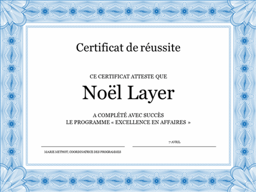 Certificat de réussite (bleu)