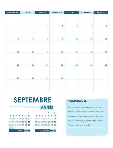 Calendrier scolaire (un mois, toute l’année, commençant le dimanche) Calendrier scolaire (un mois, toute l’année, commençant le dimanche)