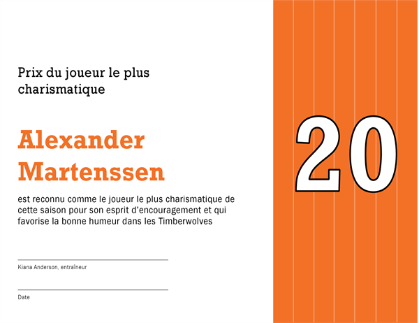 Certificat de récompense du joueur le plus inspirant (titre modifiable) Certificat de récompense du joueur le plus inspirant (titre modifiable)