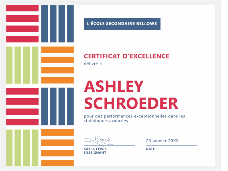 Certificat d’excellence pour élève de type bloc de couleur Certificat d’excellence pour élève de type bloc de couleur