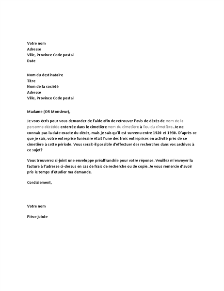 Lettre de demande d’informations généalogiques de l’entreprise funéraire Lettre de demande d’informations généalogiques de l’entreprise funéraire