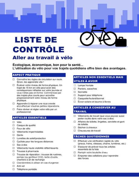 Liste de contrôle Trajets domicile-travail à vélo