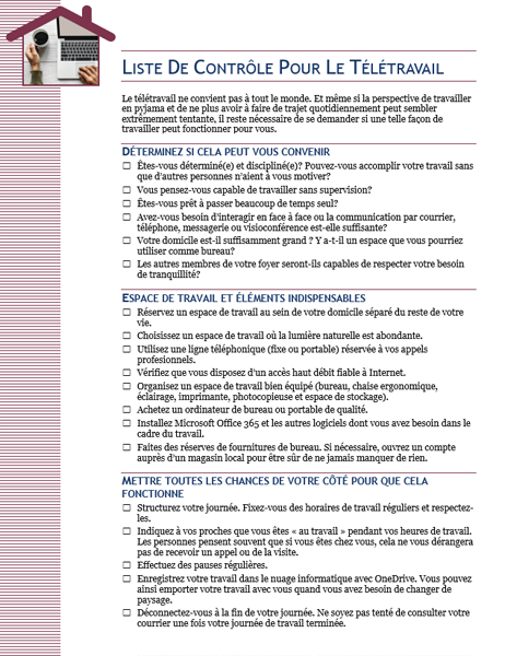 Liste de contrôle pour le télétravail Liste de contrôle pour le télétravail