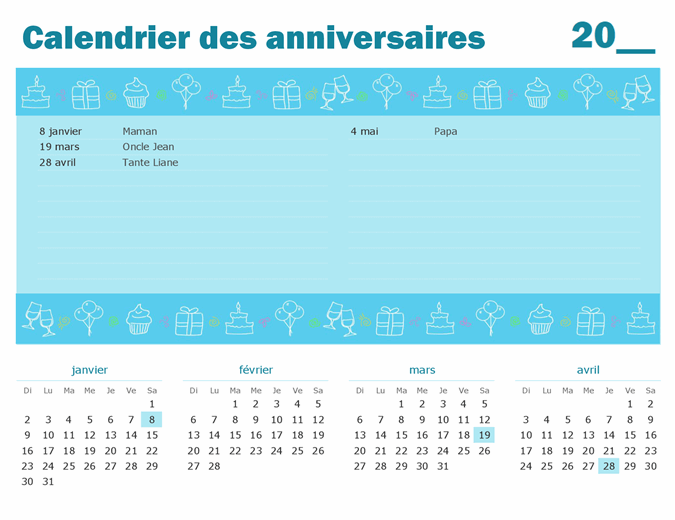 Calendrier Des Anniversaires Avec Mise En Evidence