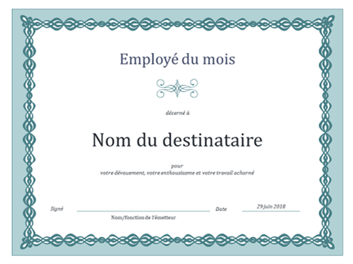 Certificat pour l’employé du mois (chaîne bleue) Certificat pour l’employé du mois (chaîne bleue)