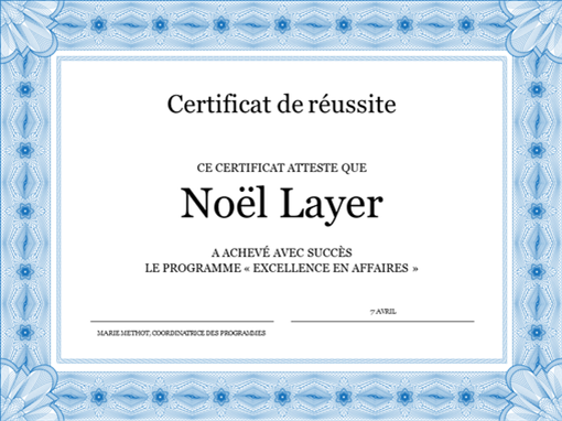 Certificat de réussite (bleu) Certificat de réussite (bleu)